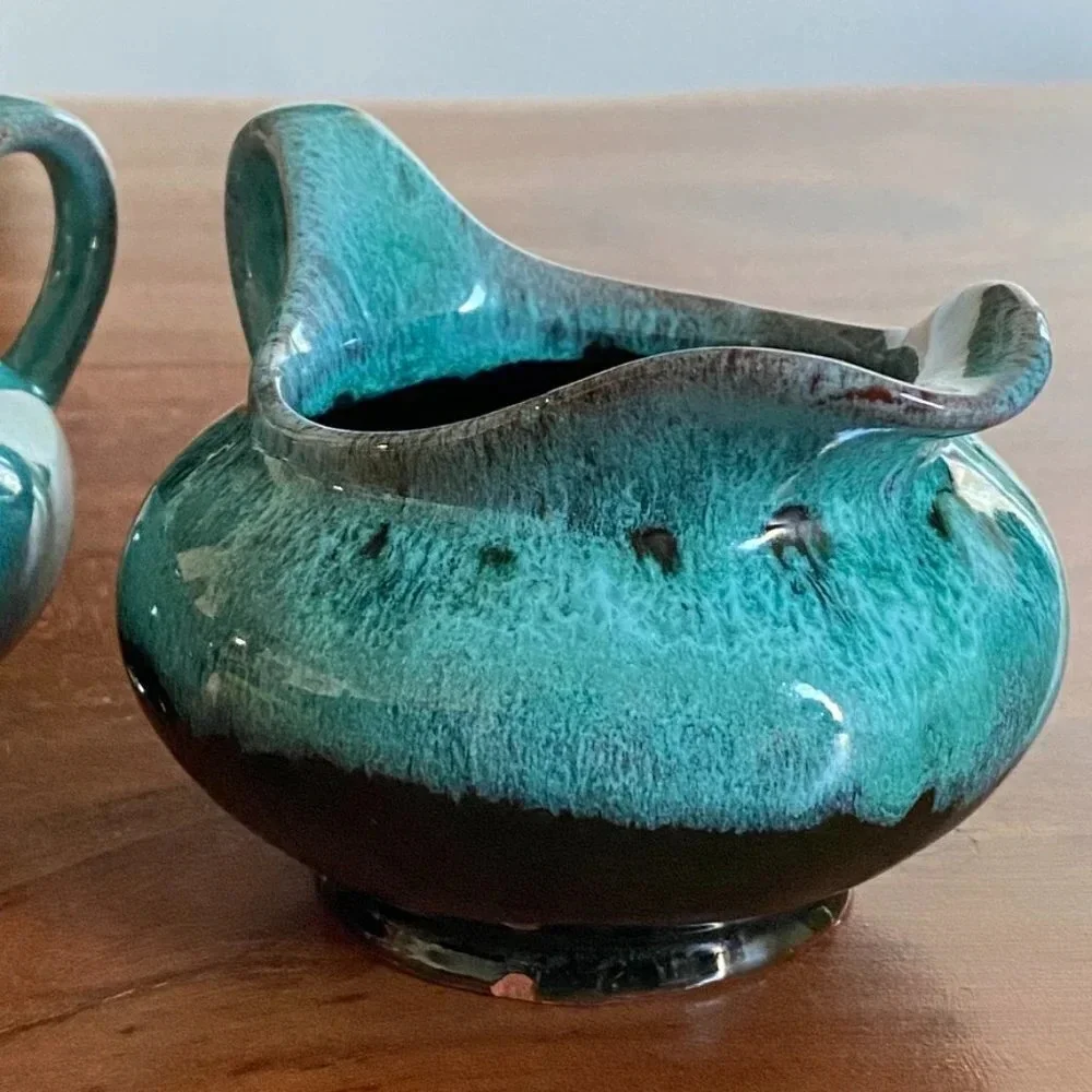RARE 1960s cream and sugar pottery set from Canuck Pottery Ltd. Green Turquoise